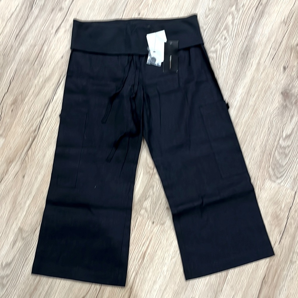 NWT Black Cargo Capri Pants Linen BCBGMaxAzria Sz 6 Drawstring 22” Inseam